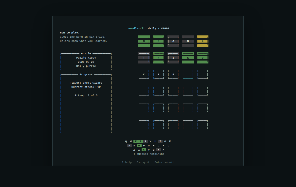 The wordle-cli daily puzzle running in a terminal